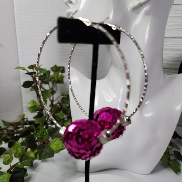 Large Silver Statement Hoop Earrings with Fuchsia Pink Sequin Disco Ball New - Picture 3 of 7